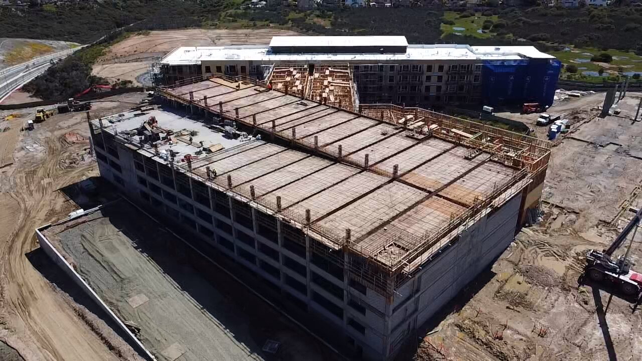 Aerial view of the active seven-level Camino del Sur parking structure