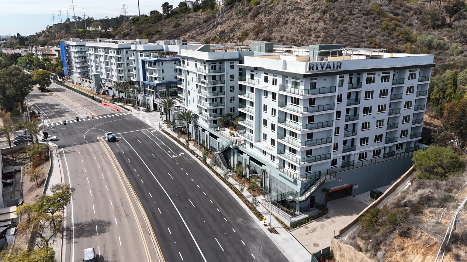 Aerial view showing the full Heights at Fashion Valley project across from Fashion Valley Mall